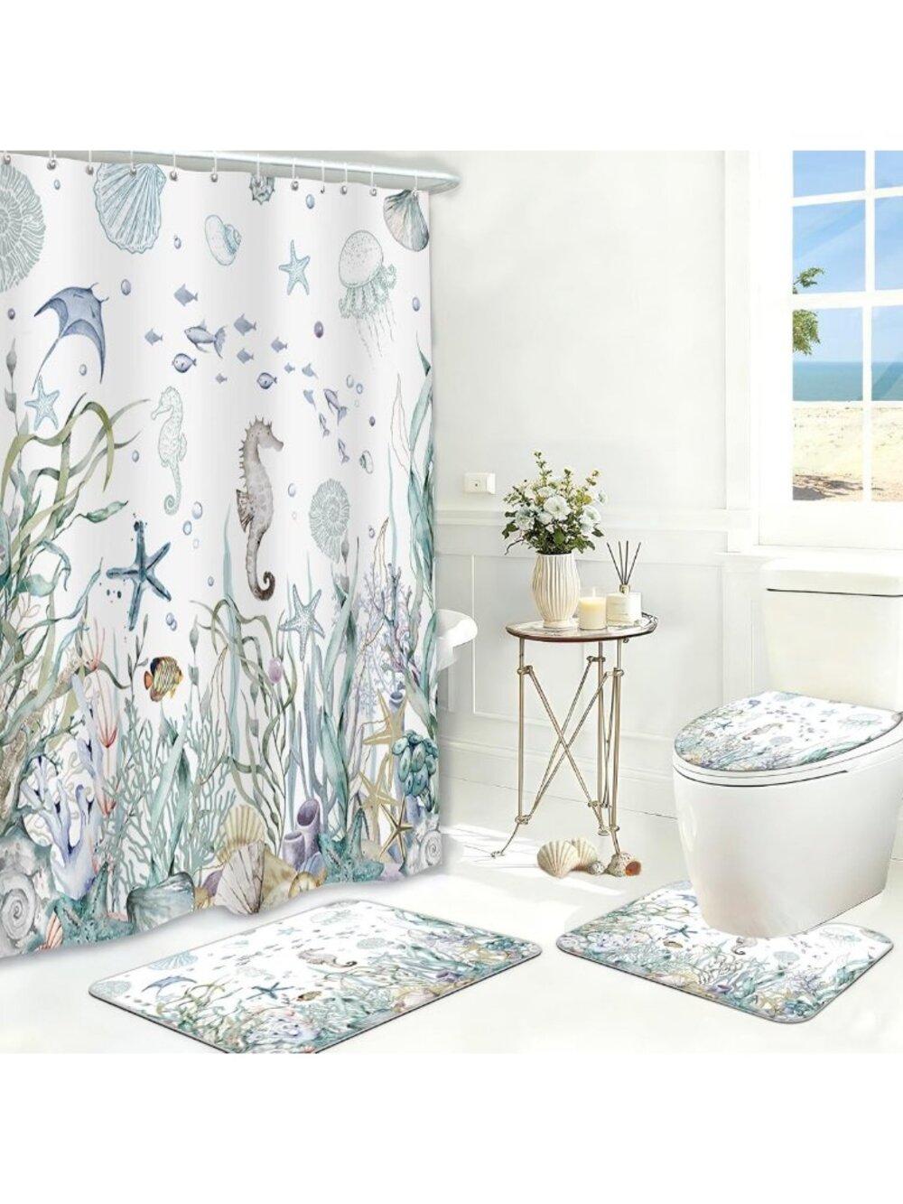 Nautical Beach Shower Curtain Set with Seashells, Starfish & Non-Slip Rugs